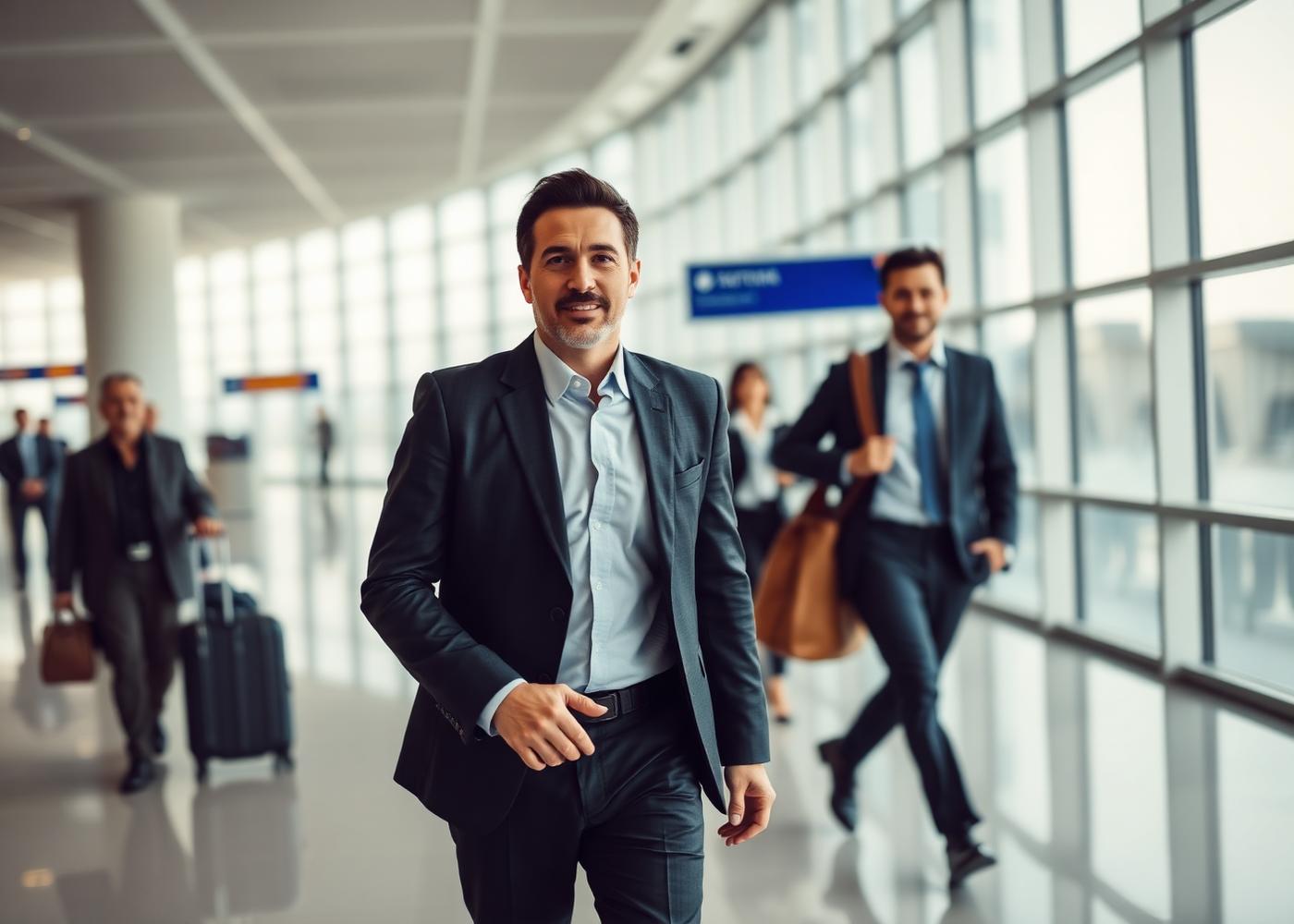 A business traveller walking through a bright modern airport terminal